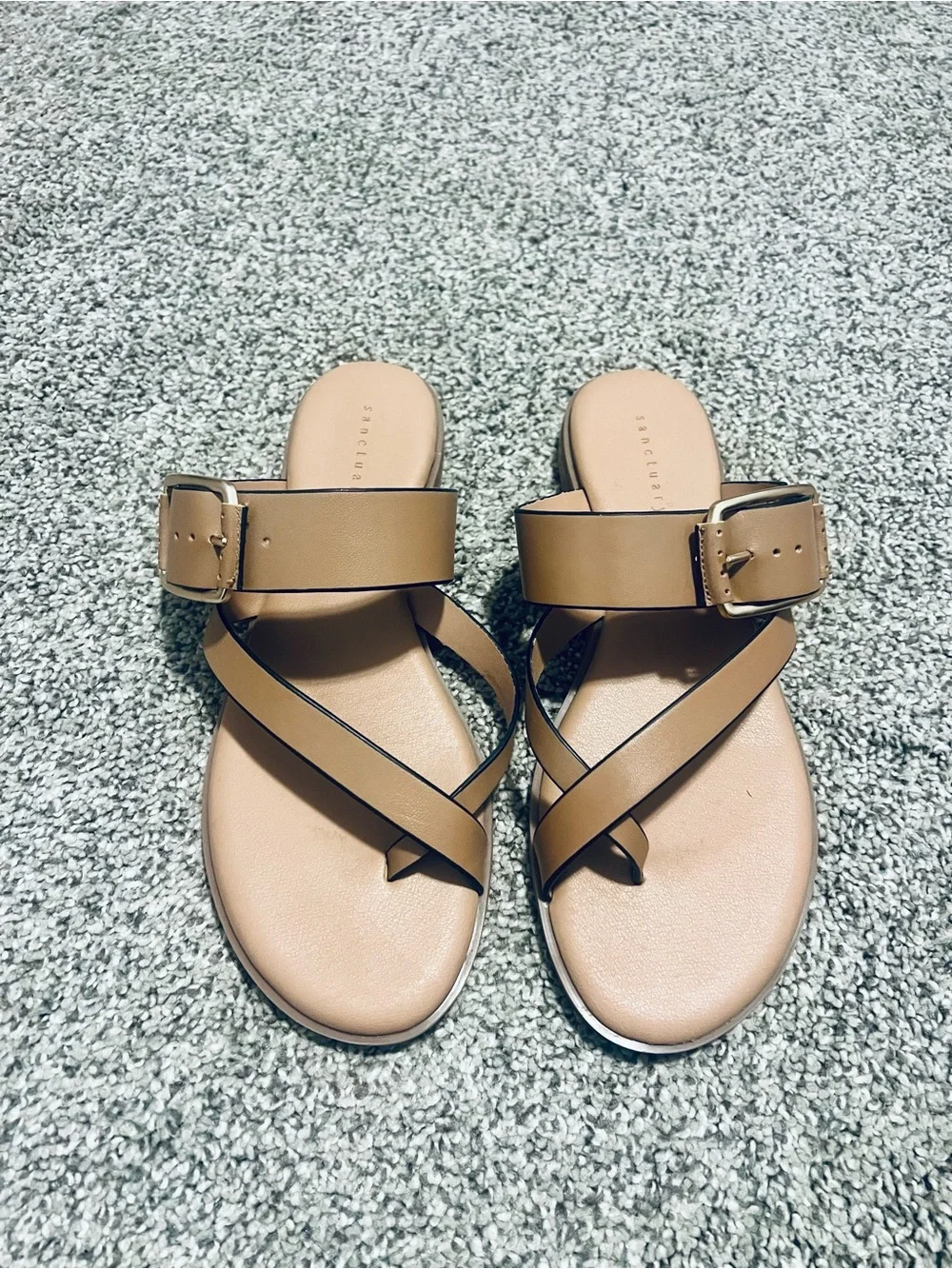 Women’s Sanctuary Light Tan Slip-On Sandals with Buckle - Picture 1 of 5